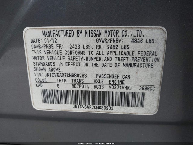 2012 Infiniti G37x მანქანა იყიდება აუქციონზე, vin: JN1CV6AR7CM680283, აუქციონის ნომერი: 43182506