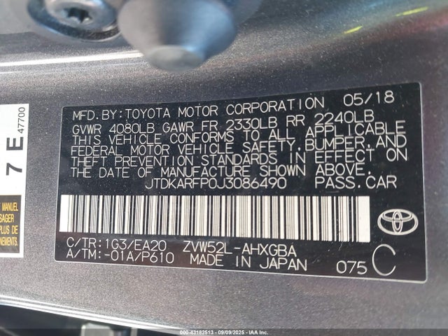 JTDKARFP0J3086490 Toyota 2zr-fxe+1nm