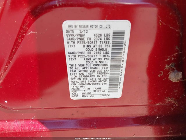 Продаж на аукціоні авто 2012 Nissan Rogue Sv, vin: JN8AS5MV6CW401916, номер лоту: 43182666