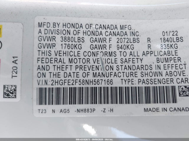 Honda k20c2 2022 2HGFE2F58NH567166 Image 9