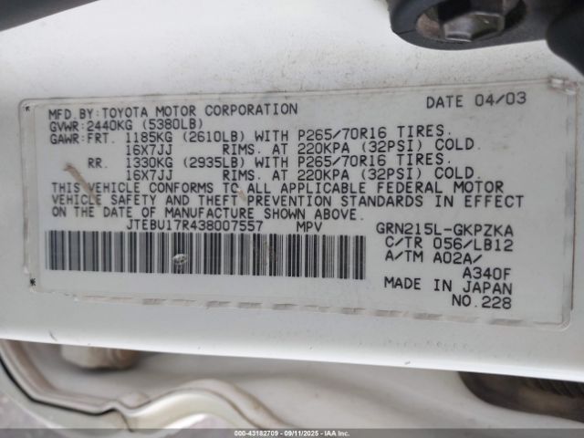 2003 TOYOTA 4RUNNER JTEBU17R438007557 Photo 8