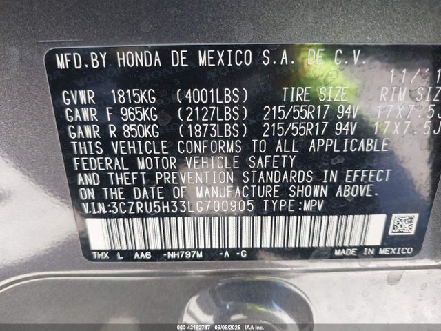 3CZRU5H33LG700905 Honda r18z9