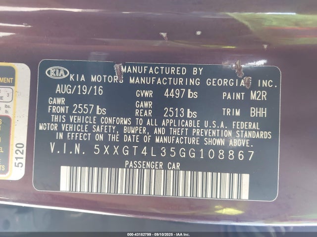 5XXGT4L35GG108867 KIA Optima Lx