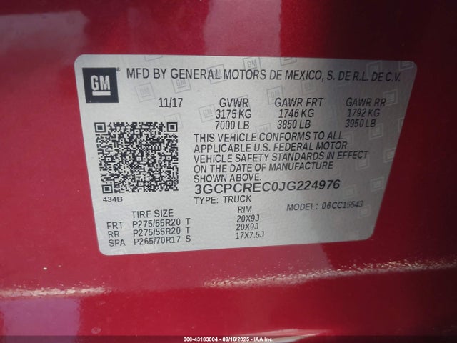 3GCPCREC0JG224976 Chevrolet l83 - sidi: spark ignited direct injection, vvt: variable valve timing, afm, e85 max, alum