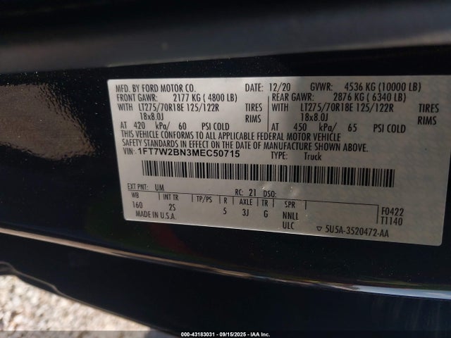 Продаж на аукціоні авто 2021 Ford F-250 Xlt, vin: 1FT7W2BN3MEC50715, номер лоту: 43183031