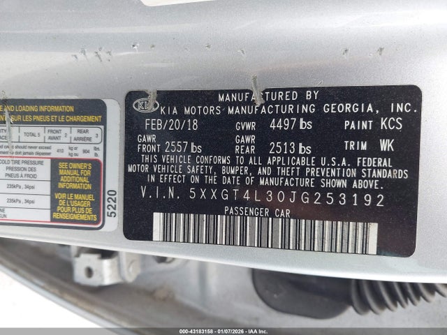 Продаж на аукціоні авто 2018 Kia Optima Lx, vin: 5XXGT4L30JG253192, номер лоту: 43183158