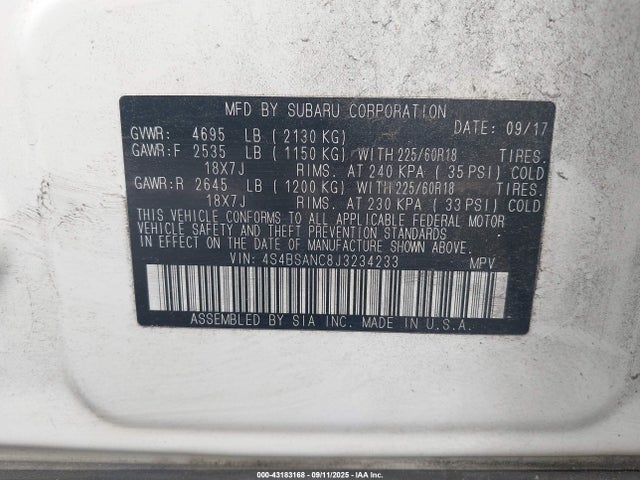 Aukcja sprzedaży 2018 Subaru Outback 2.5i Limited, vin: 4S4BSANC8J3234233, numer aukcji: 43183168