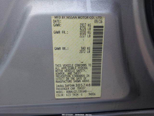 1N4AL3AP5HN305748 Nissan Altima 2.5/2.5 S/2.5 Sl/2.5 Sr/2.5 Sv