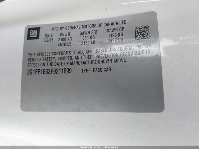 Chevrolet lfx 2015 2G1FF1E33F9211699 Image 9