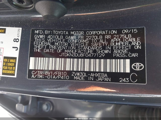 Toyota 2zr-fxe+3jm 2015 JTDKN3DU8F0477129 Image 9