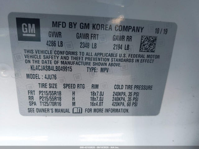 Buick luv: mfi, variable valve timing, alum, e85 max 2020 KL4CJASB4LB049915 Image 9