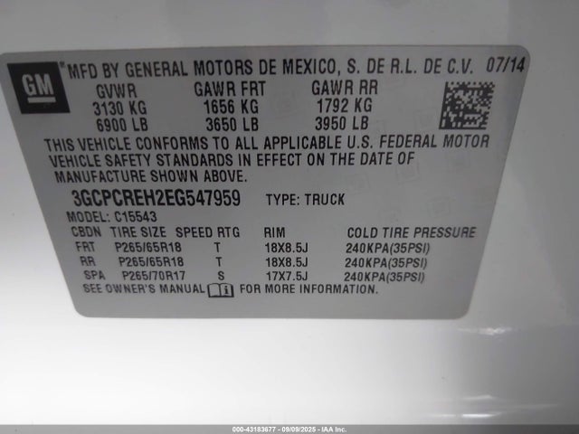 3GCPCREH2EG547959 Chevrolet lv3 - vvt, aluminum, e85 max