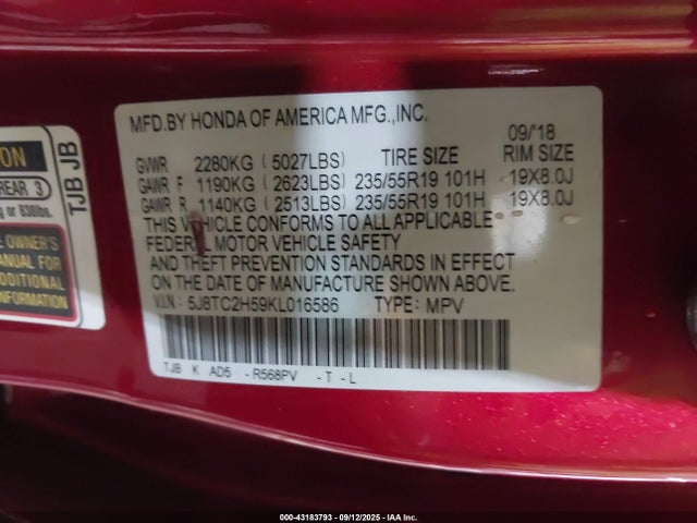 5J8TC2H59KL016586 Acura k20c4