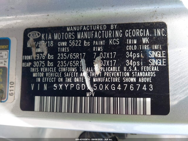 2019 KIA SORENTO 5XYPGDA50KG476743 Photo 8