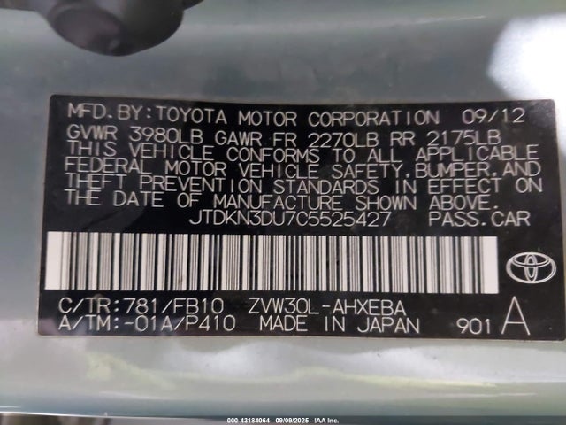 Aukcja sprzedaży 2012 Toyota Prius Two, vin: JTDKN3DU7C5525427, numer aukcji: 43184064