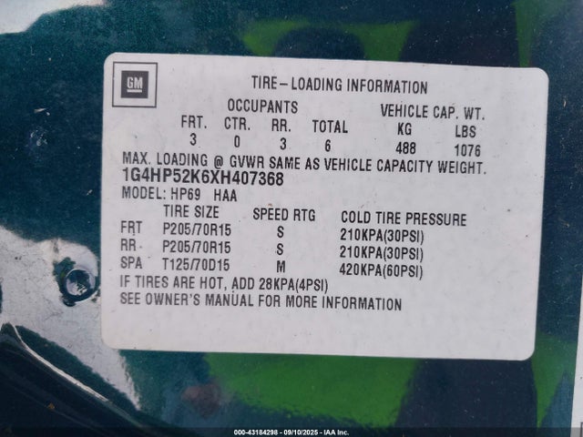 Продажа на аукционе авто 1999 Buick Lesabre Custom, vin: 1G4HP52K6XH407368, номер лота: 43184298