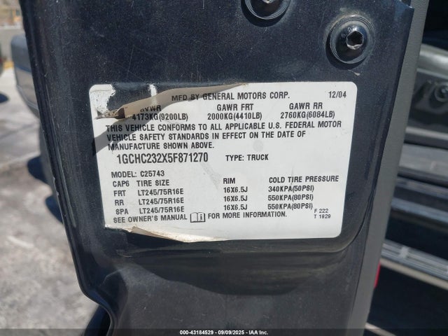 Aukcja sprzedaży 2005 Chevrolet Silverado 2500hd Lt, vin: 1GCHC232X5F871270, numer aukcji: 43184529