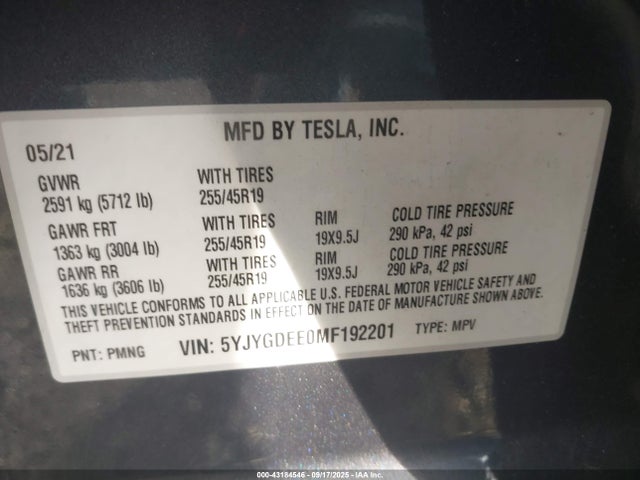 2021 TESLA MODEL Y 5YJYGDEE0MF192201 Photo 8