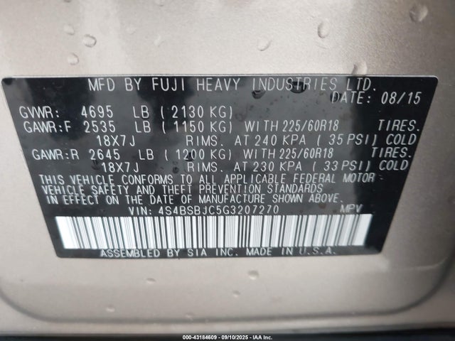 4S4BSBJC5G3207270 Subaru 2.5l u6
