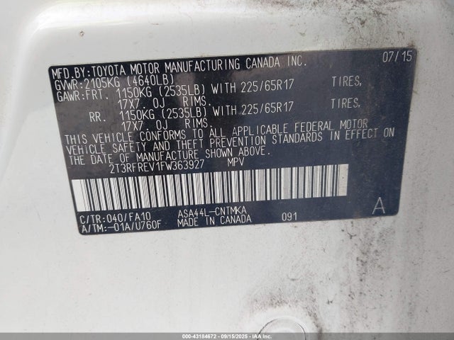 Toyota 2ar-fe 2015 2T3RFREV1FW363927 Image 9