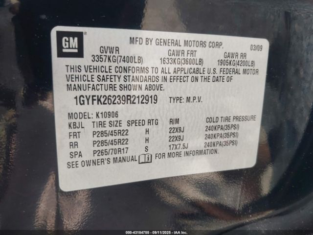 2009 CADILLAC ESCALADE ESV 1GYFK26239R212919 Photo 8