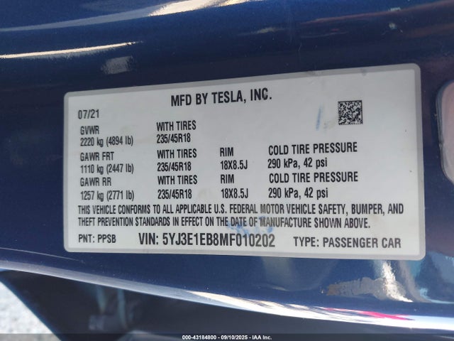 2021 TESLA MODEL 3 5YJ3E1EB8MF010202 Photo 8