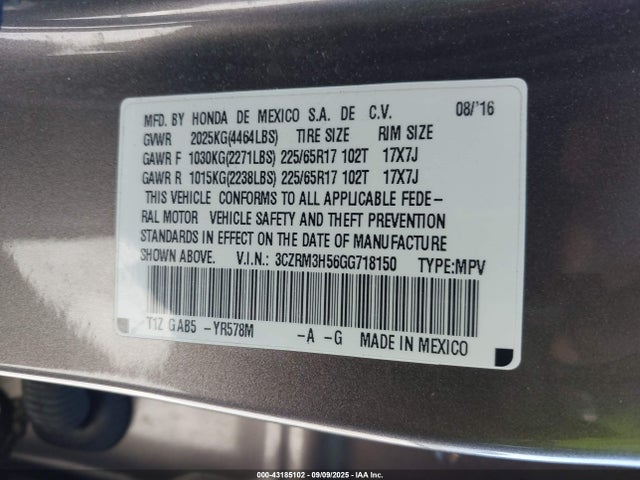 3CZRM3H56GG718150 Honda k24w9/k24v1