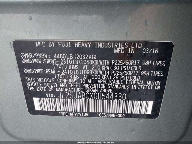 JF2SJABCXGH544330 Subaru naturally aspirated u5