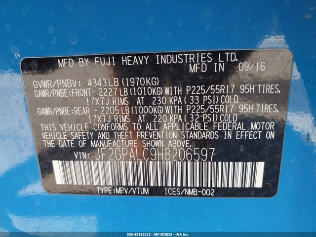 JF2GPALC9H8206597 Subaru naturally aspirated