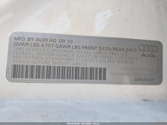 2011 AUDI A4 WAUAFAFL2BN019727 Photo 8