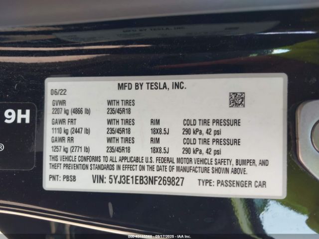 2022 TESLA MODEL 3 5YJ3E1EB3NF269827 Photo 8