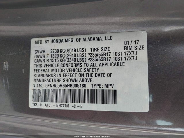 5FNRL5H65HB005180 Honda Odyssey Ex-l