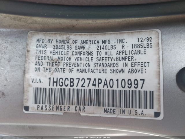 1993 HONDA ACCORD 1HGCB7274PA010997 Photo 8