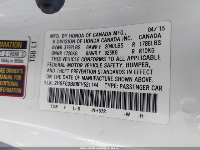 Honda r18z1 2015 2HGFG3B88FH521144 Image 9