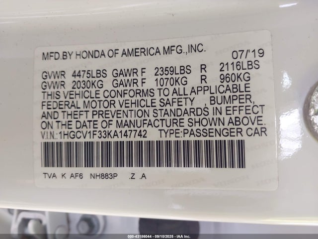 1HGCV1F33KA147742 Honda l15be