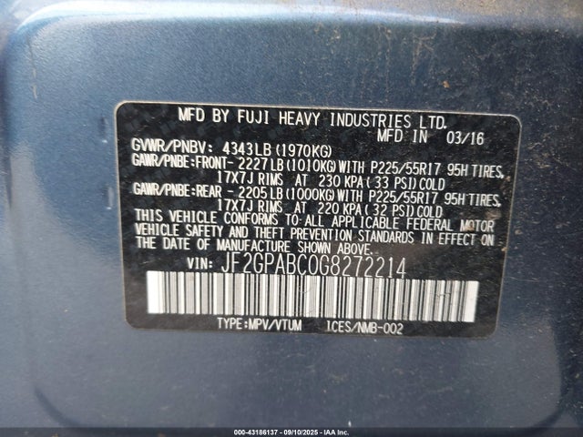 Subaru naturally aspirated 2016 JF2GPABC0G8272214 Image 9