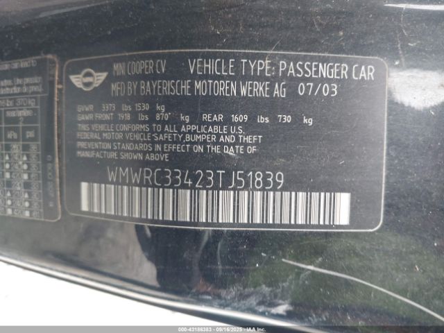2003 MINI COOPER WMWRC33423TJ51839 Photo 8