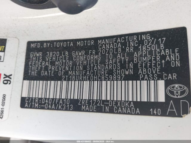 2017 TOYOTA COROLLA 2T1BURHE0HC859897 Photo 8