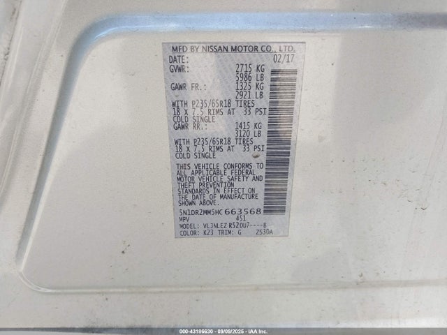 5N1DR2MM5HC663568 Nissan Pathfinder Sv