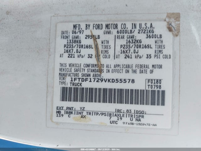 Aukcja sprzedaży 1997 Ford F-150 Standard/xl/xlt, vin: 1FTDF1729VKD55578, numer aukcji: 43186667