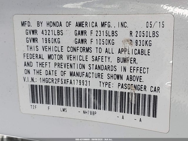 Honda k24w1 2015 1HGCR2F5XFA179931 Image 9
