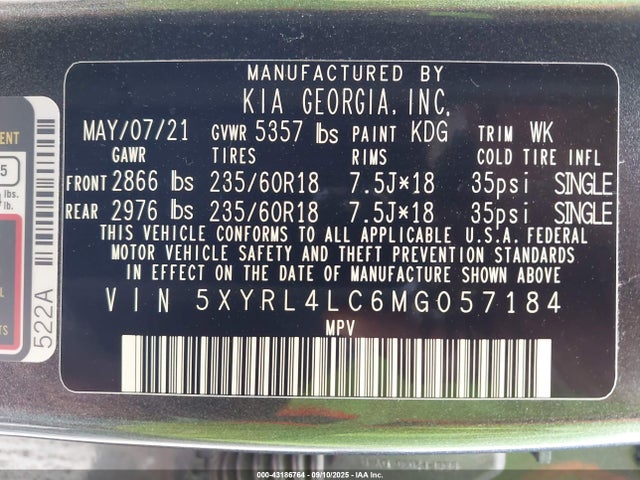 5XYRL4LC6MG057184 KIA gdi theta-iii