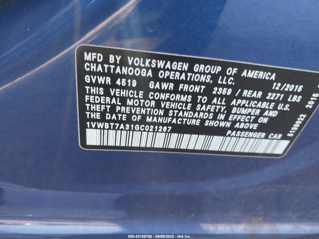 1VWBT7A31GC021267 Volkswagen Passat