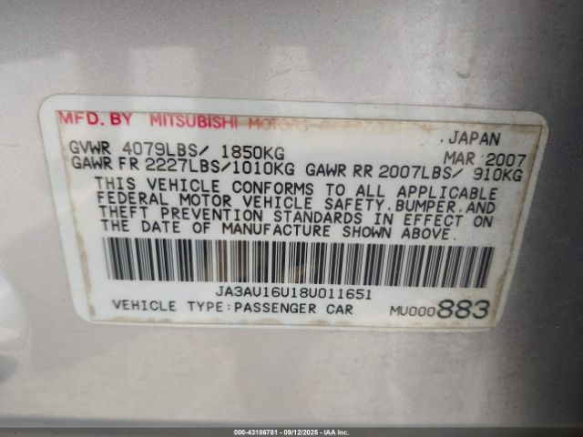 2008 MITSUBISHI LANCER JA3AU16U18U011651 Photo 8