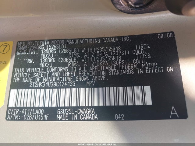 Aukcja sprzedaży 2009 Lexus Rx 350, vin: 2T2HK31U39C124133, numer aukcji: 43186888