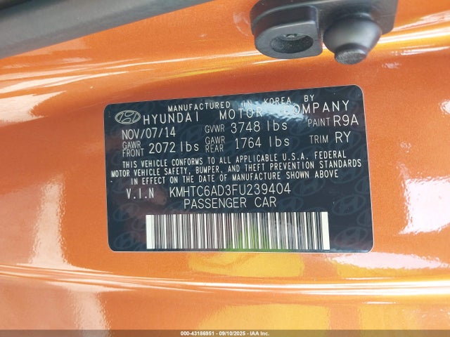Aukcja sprzedaży 2015 Hyundai Veloster, vin: KMHTC6AD3FU239404, numer aukcji: 43186951