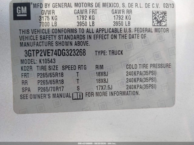 43186989 :رقم المزاد ، 3GTP2VE74DG323268 vin ، 2013 Gmc Sierra 1500 Sle مزاد بيع