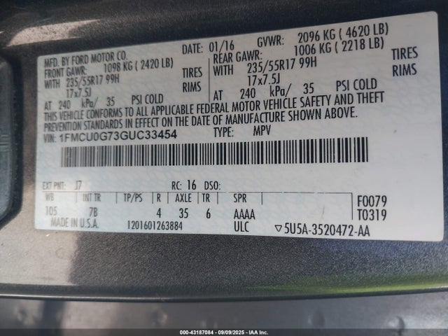 Ford 2016 2016 1FMCU0G73GUC33454 Image 9