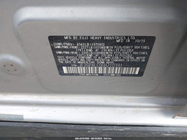 JF2GPALC0GH210391 Subaru naturally aspirated