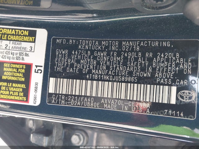 4T1B11HK0JU589865 Toyota a25a-fks